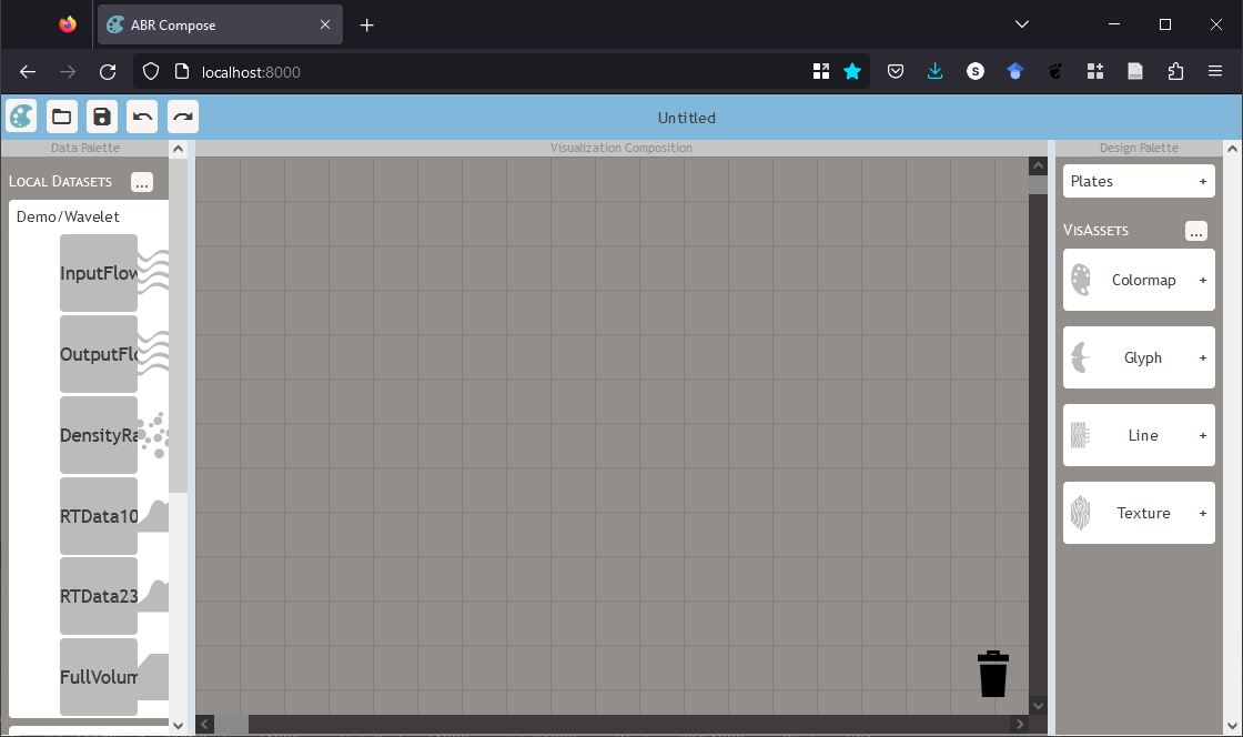 A screenshot of the ABR design interface loaded in a web browser. The left side shows the test data we imported in Part 1, and the right side shows the available VisAssets to design a visualization with.