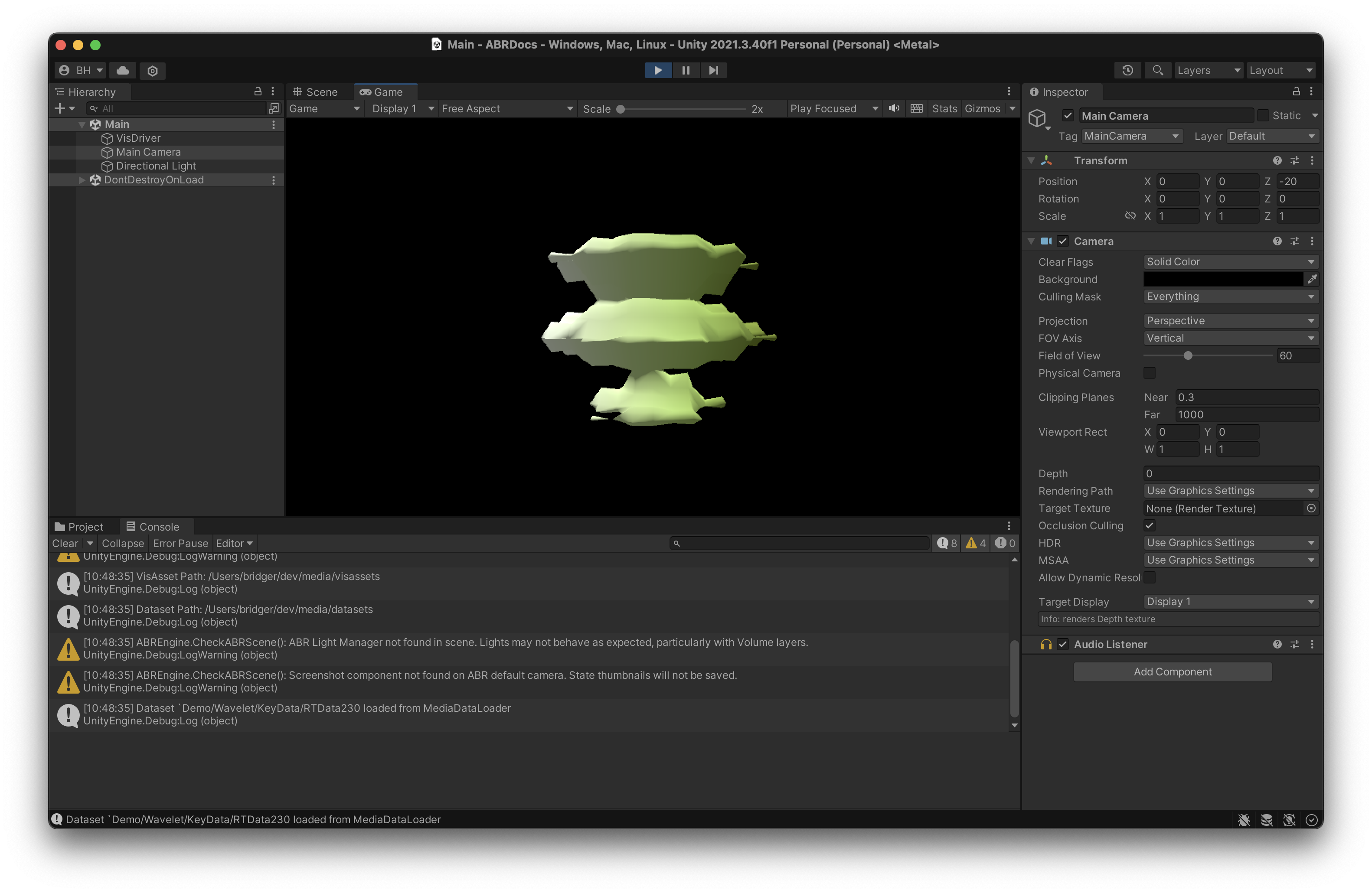 A screenshot of Unity with an ABR visualization in the Game View. The
visualization shows a "blob" with a green-to-white colormap
applied.