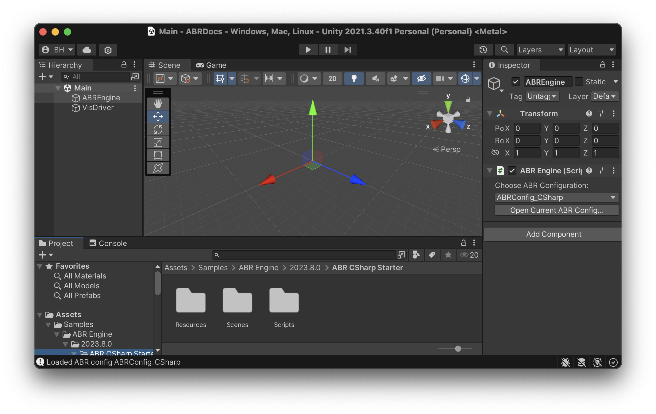 A screenshot of the Unity editor with the ABR CSharp Example scene loaded. The ABREngine GameObject is selected in the left Hierarchy, and the ABRConfig_CSharp configuration is selected in the right Inspector.